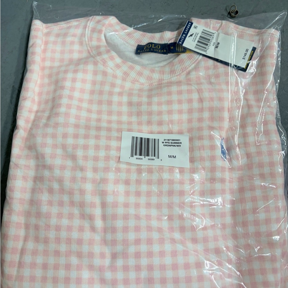 Medium Polo Ralph Lauren Gingham Fleece Sweatshirt Pink White - Picture 2 of 6